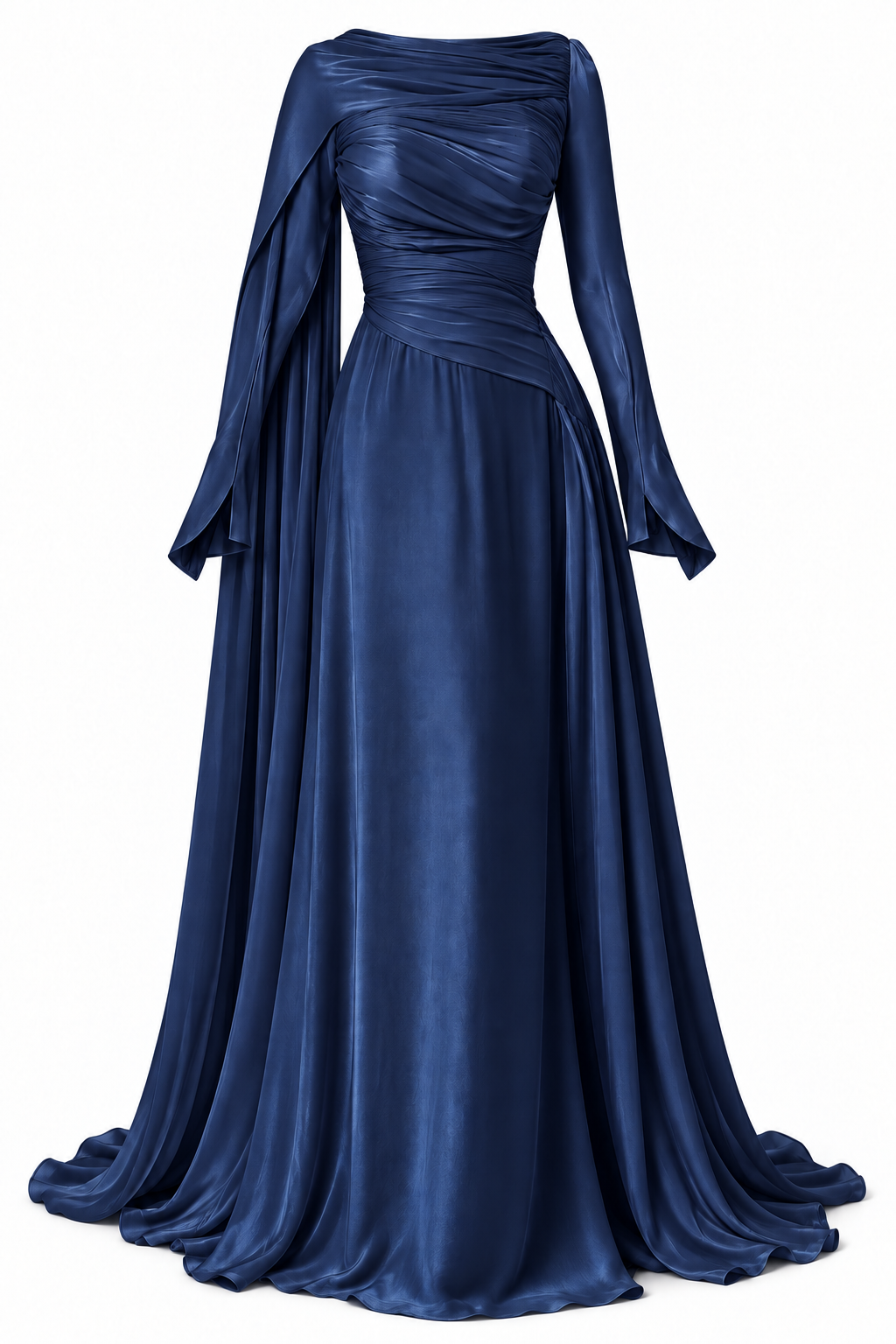 Rina Draped Cape Satin Maxi Dress-DarkBlue