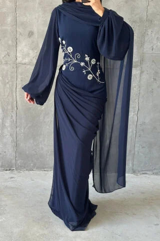Aisha Floral Embroidered Draped Maxi Dress-Blue