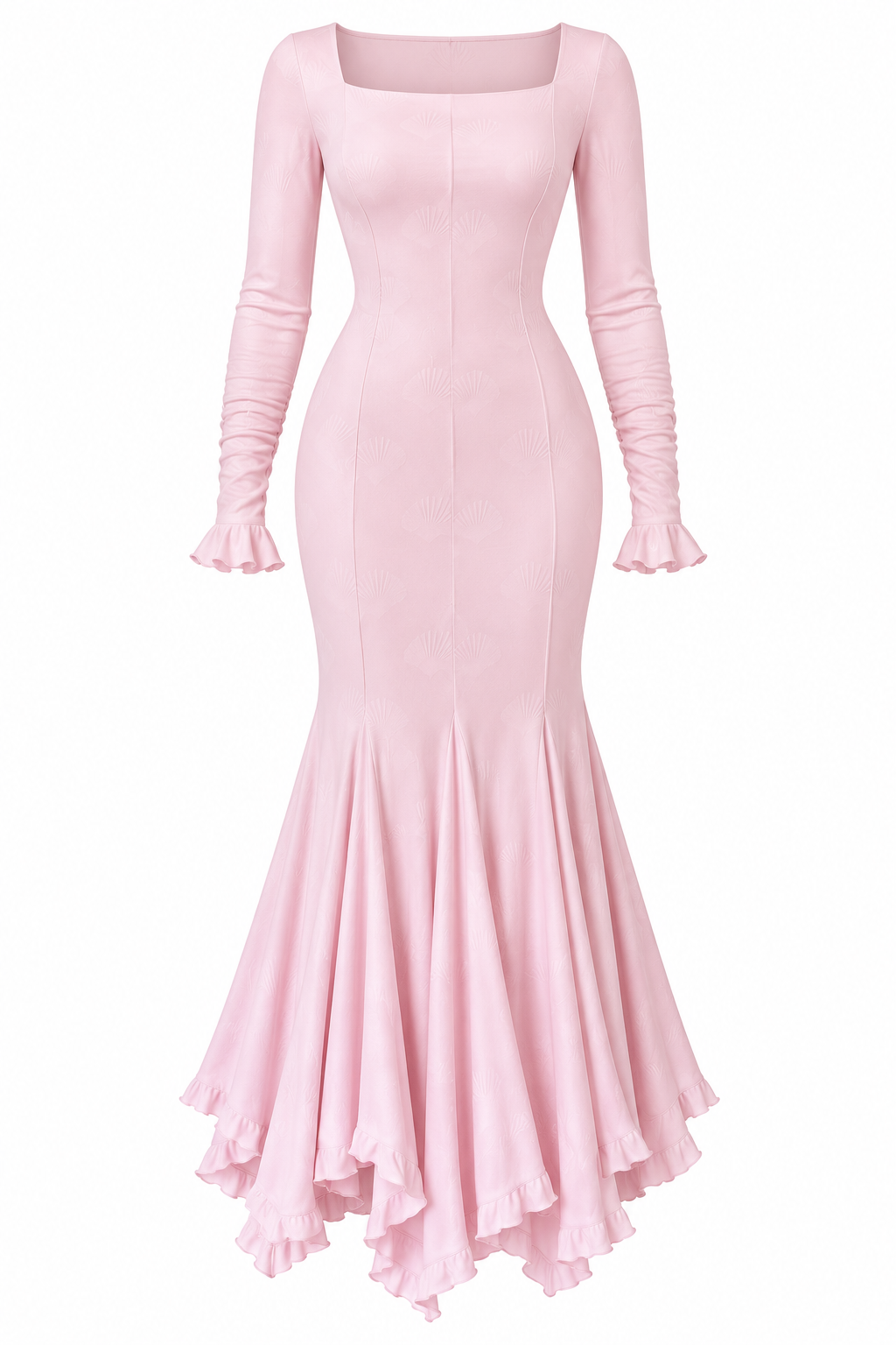 Elowen Jacquard Ruffle‑Cuff Mermaid Maxi Dress