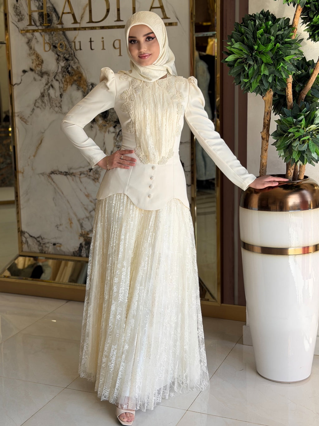 Rina Beaded Neck Puff Sleeve Mermaid Dress-White