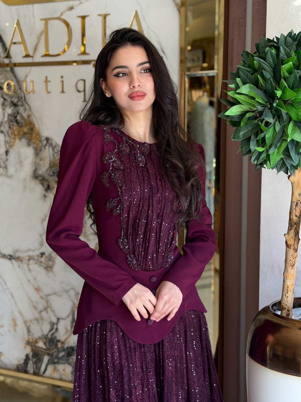 Rina Beaded Neck Puff Sleeve Mermaid Dress-Red