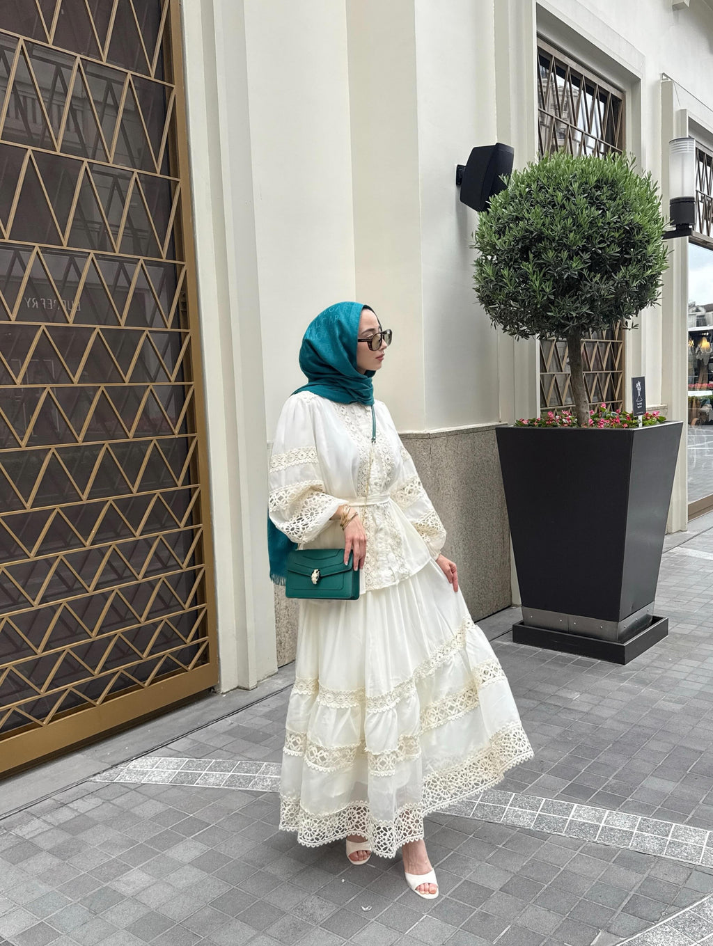 Mehsa Lace Tiered Belted Maxi Dress