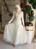 Rina Beaded Neck Puff Sleeve Mermaid Dress-White