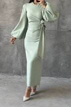 Hana Puff‑Sleeve Tie‑Waist Midi Dress