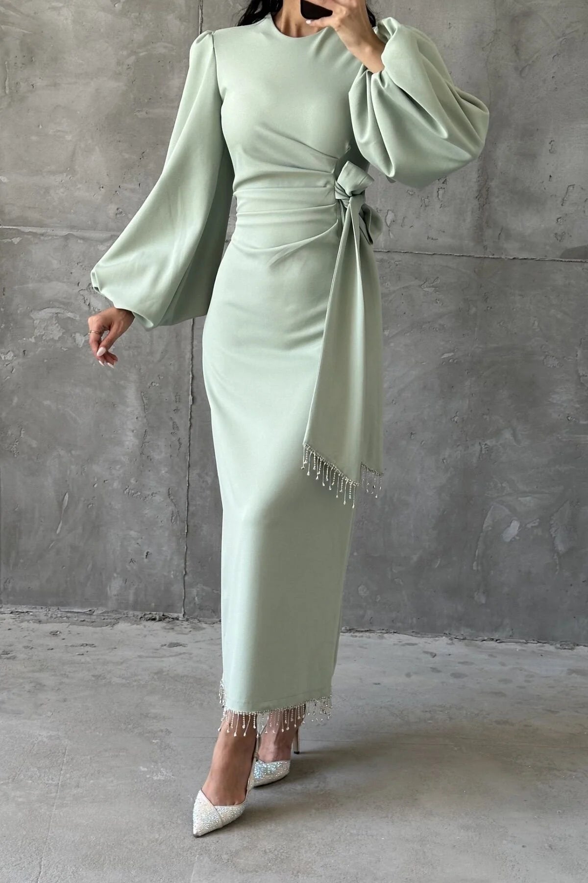 Hana Puff‑Sleeve Tie‑Waist Midi Dress