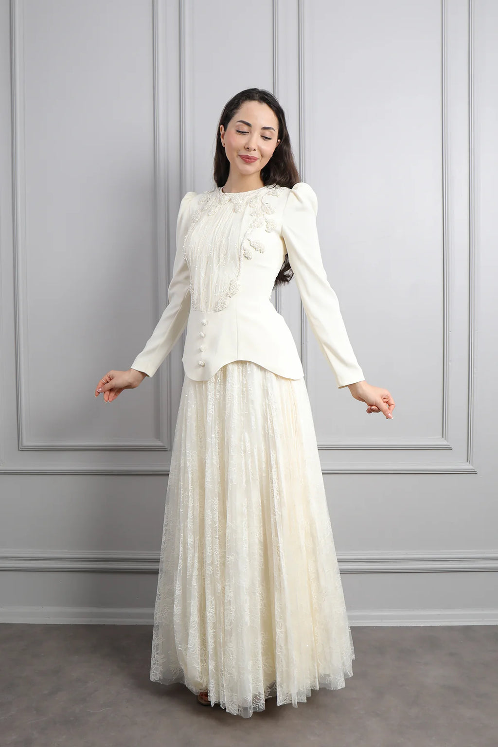 Rina Beaded Neck Puff Sleeve Mermaid Dress-White