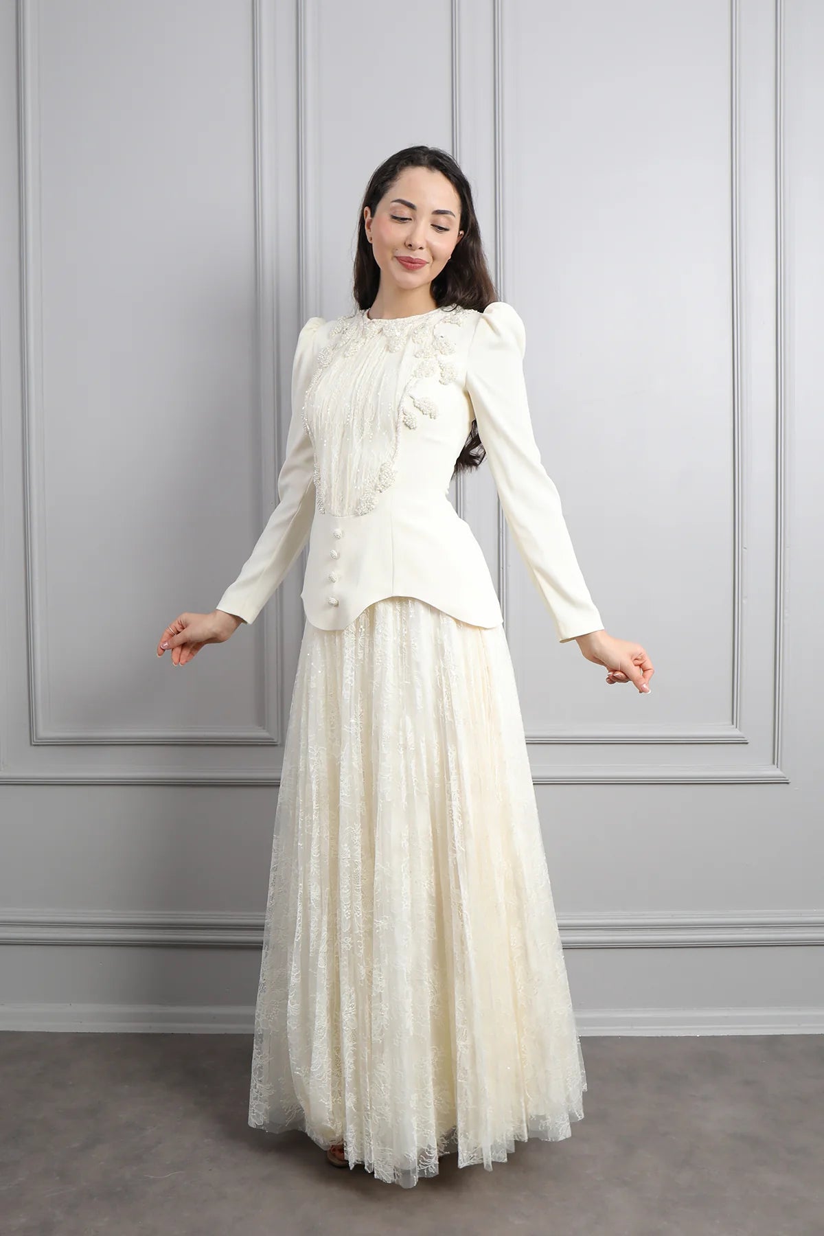 Rina Beaded Neck Puff Sleeve Mermaid Dress-White