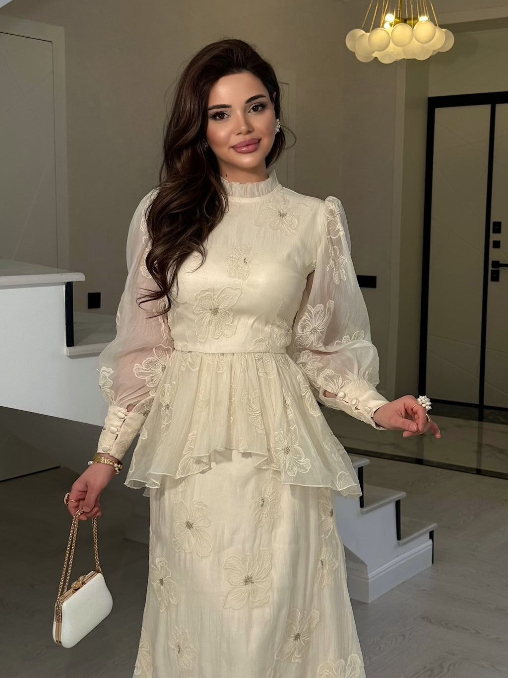 Zaraa Floral‑Embroidered Peplum Maxi Dress
