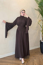 Selma Ruched High‑Neck Flare‑Sleeve Abaya