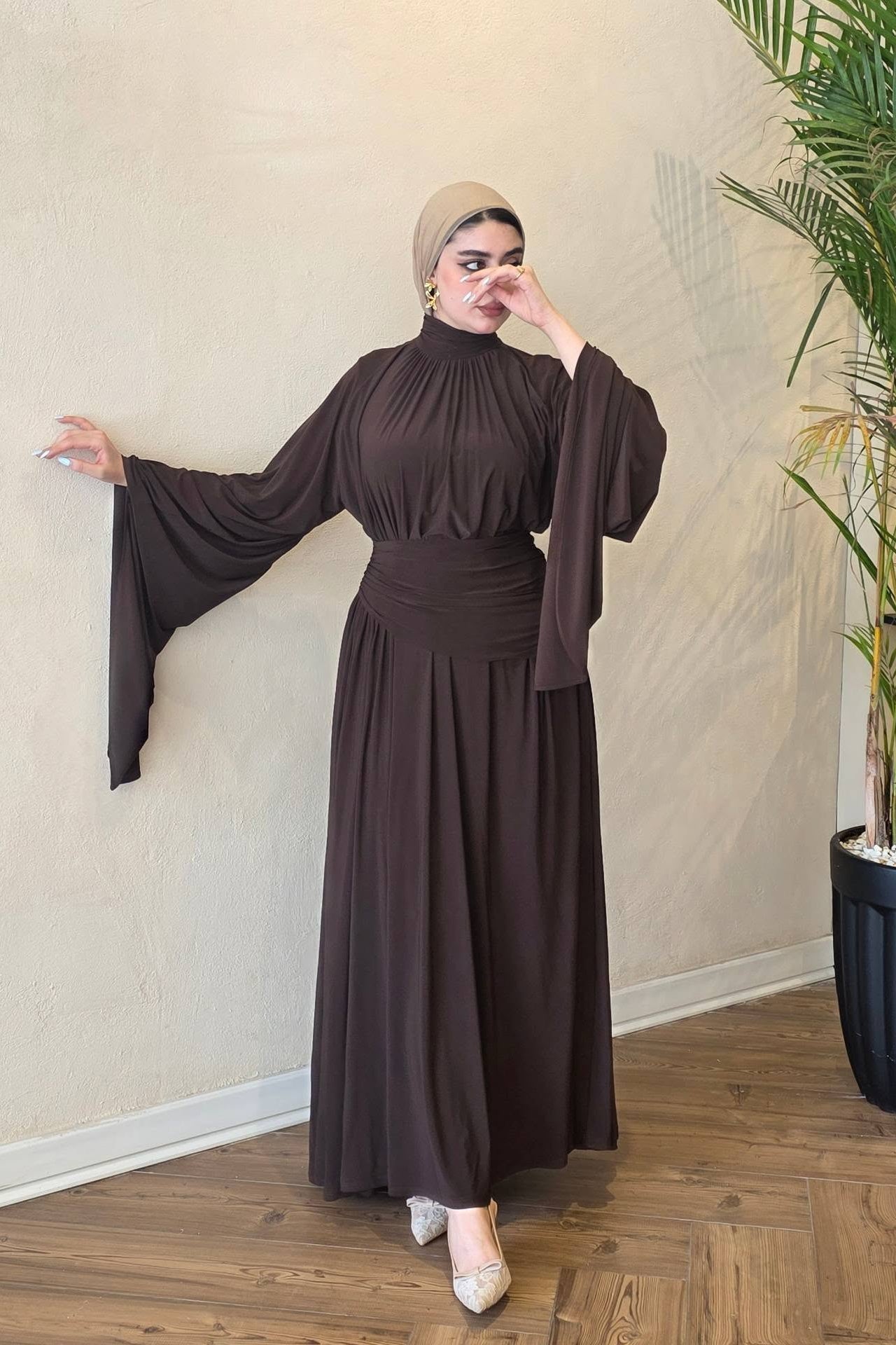 Selma Ruched High‑Neck Flare‑Sleeve Abaya