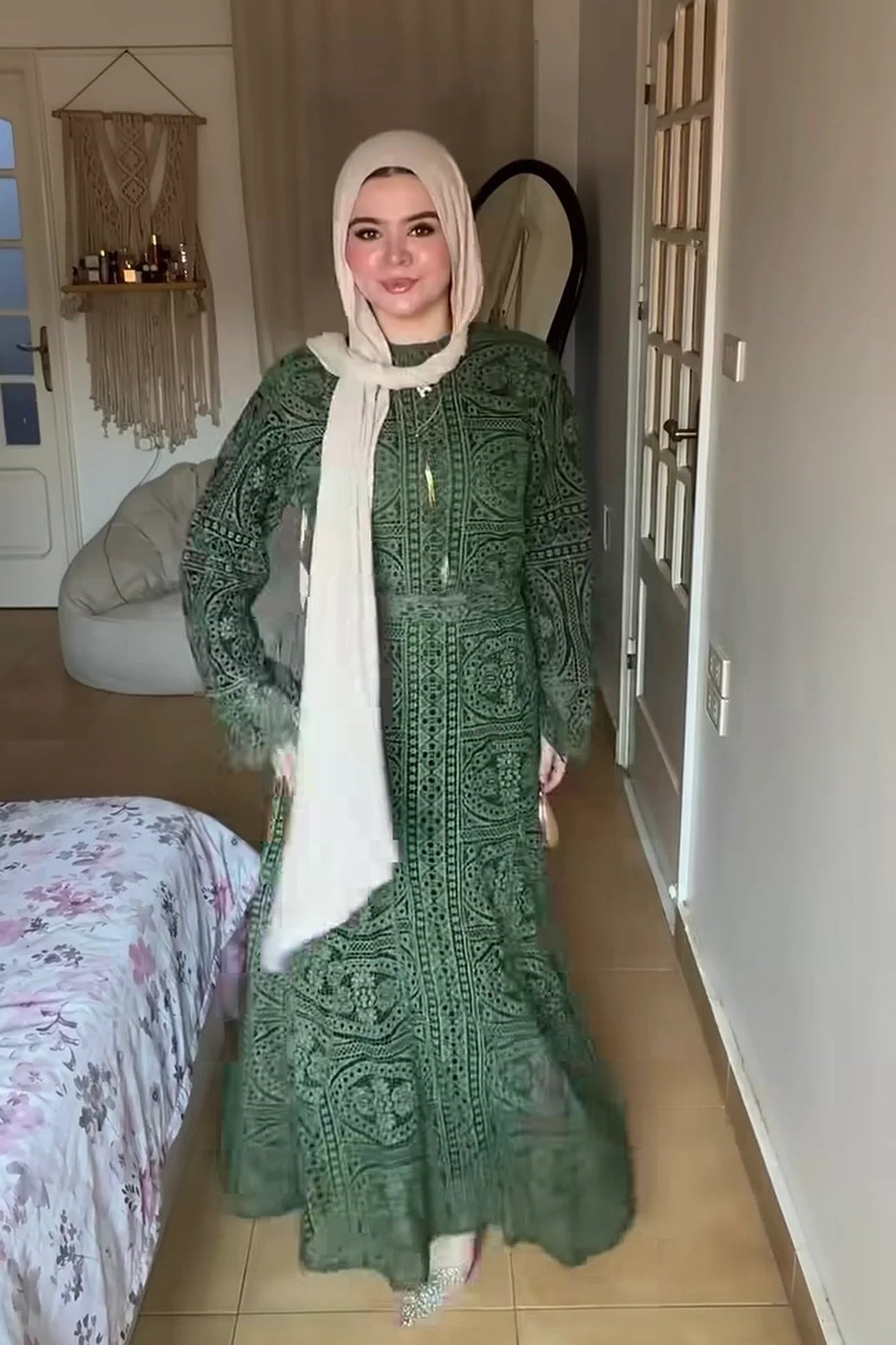 Maren Vintage‑Print Long‑Sleeve Abaya