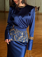 Zahra Embroidered Peplum Satin Two‑Piece Set-Blue