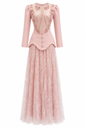 Rina Beaded Neck Puff Sleeve Mermaid Dress-Pink