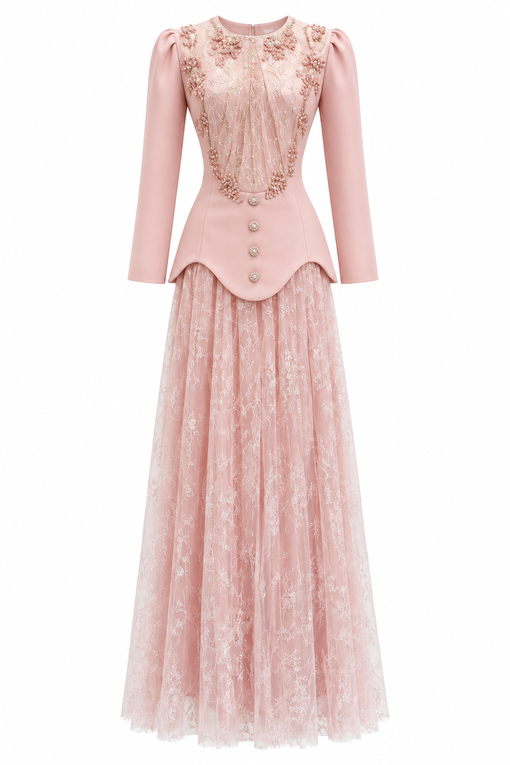 Rina Beaded Neck Puff Sleeve Mermaid Dress-Pink