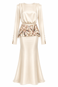 Zahra Embroidered Peplum Satin Two‑Piece Set-Apricot