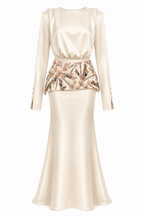 Zahra Embroidered Peplum Satin Two‑Piece Set-Apricot