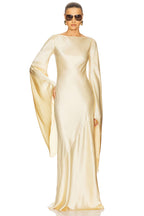Leila Boat‑Neck Flared‑Sleeve Satin Maxi Dress