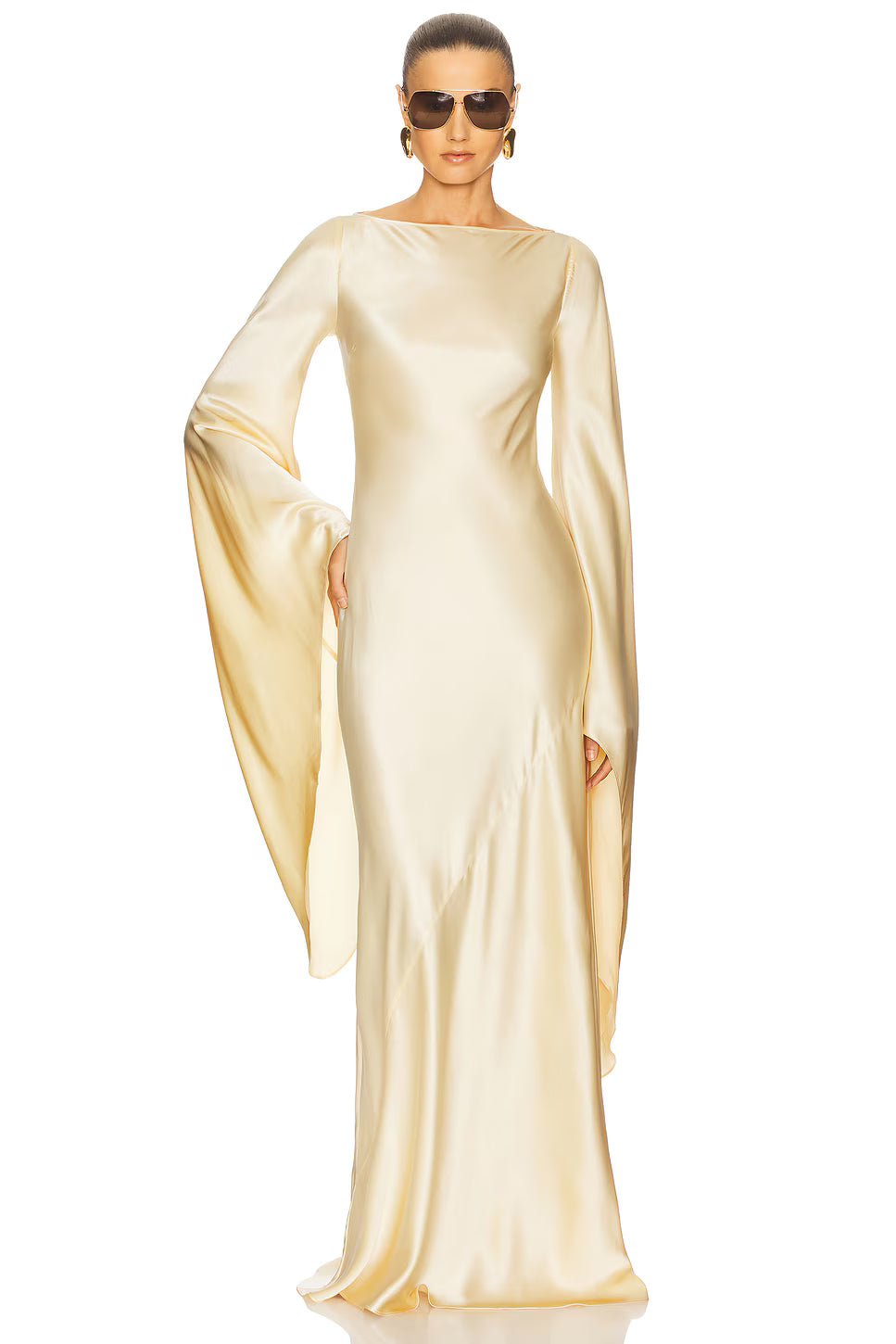 Leila Boat‑Neck Flared‑Sleeve Satin Maxi Dress