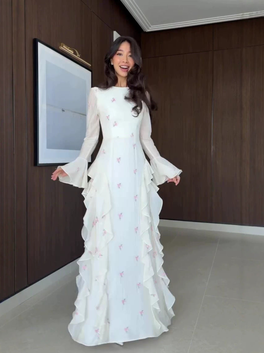 Maya Floral Ruffle Maxi Dress-White