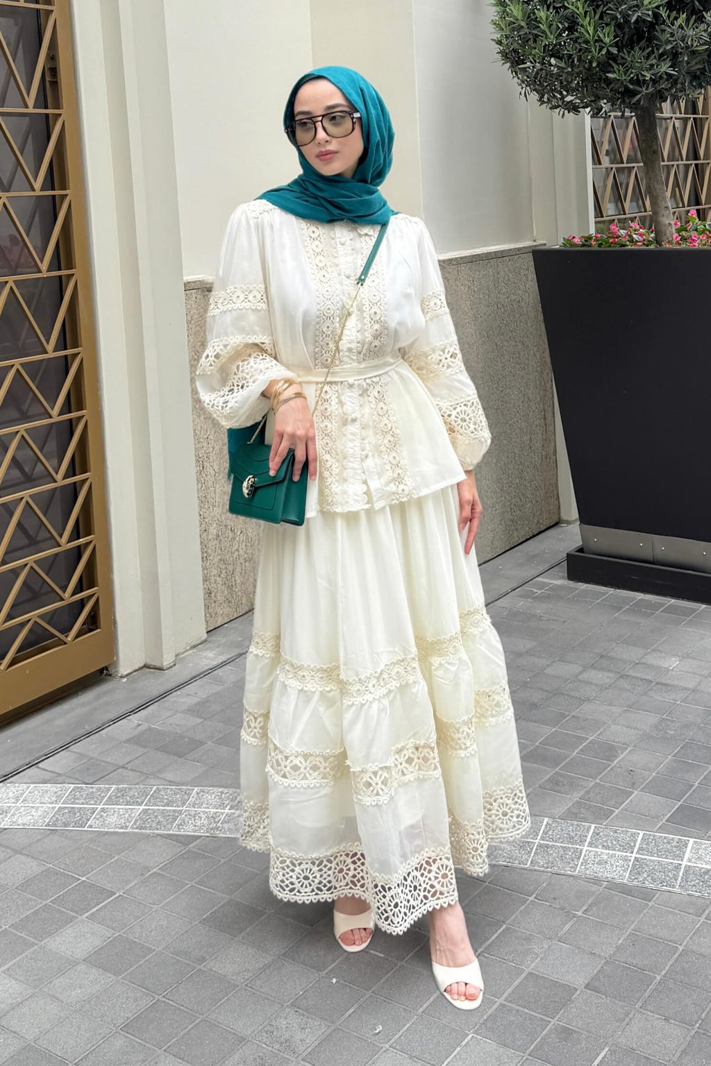 Mehsa Lace Tiered Belted Maxi Dress