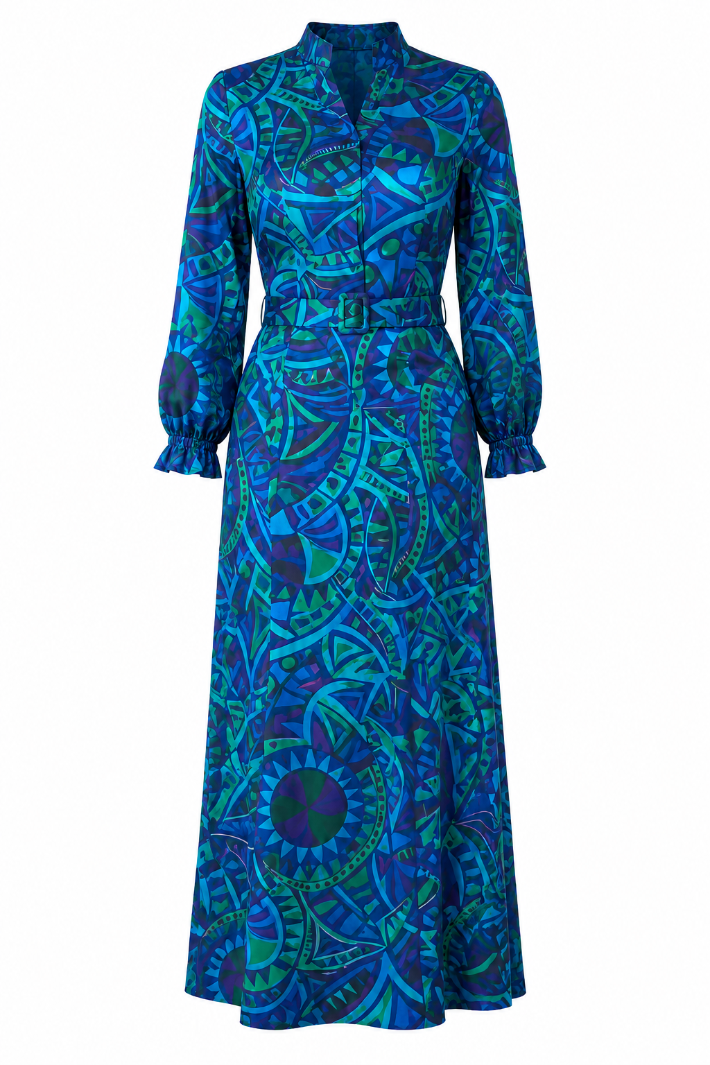 Nadia Geometric‑Print Belted Mermaid Maxi Dress