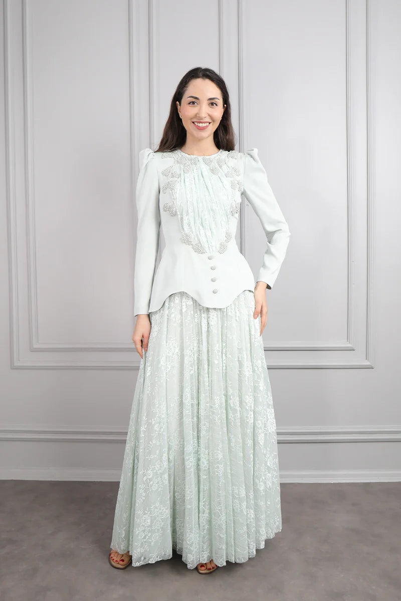 Rina Beaded Neck Puff Sleeve Mermaid Dress-Green