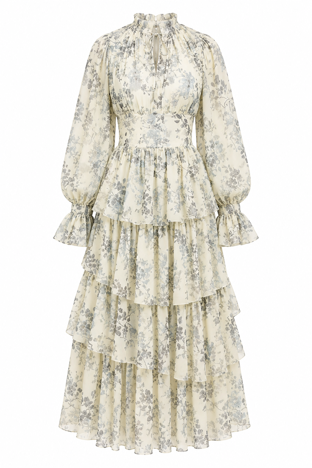 Zahra Floral Puff‑Sleeve Tiered Maxi Dress