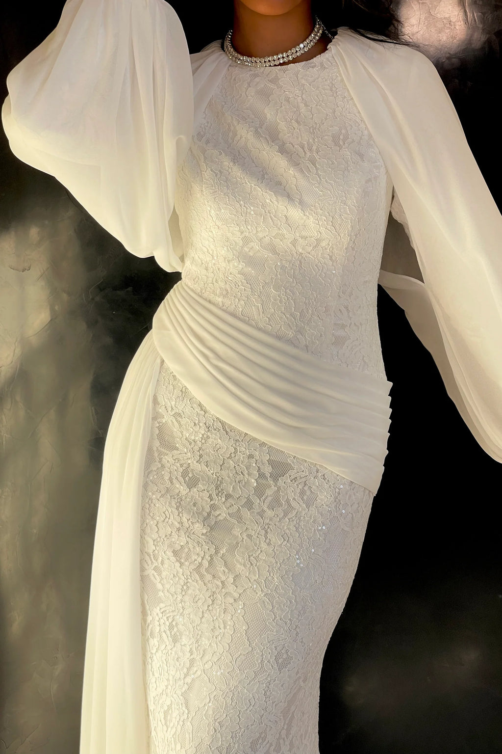 Nadia Lace Sequin Cape Sleeve Maxi Dress