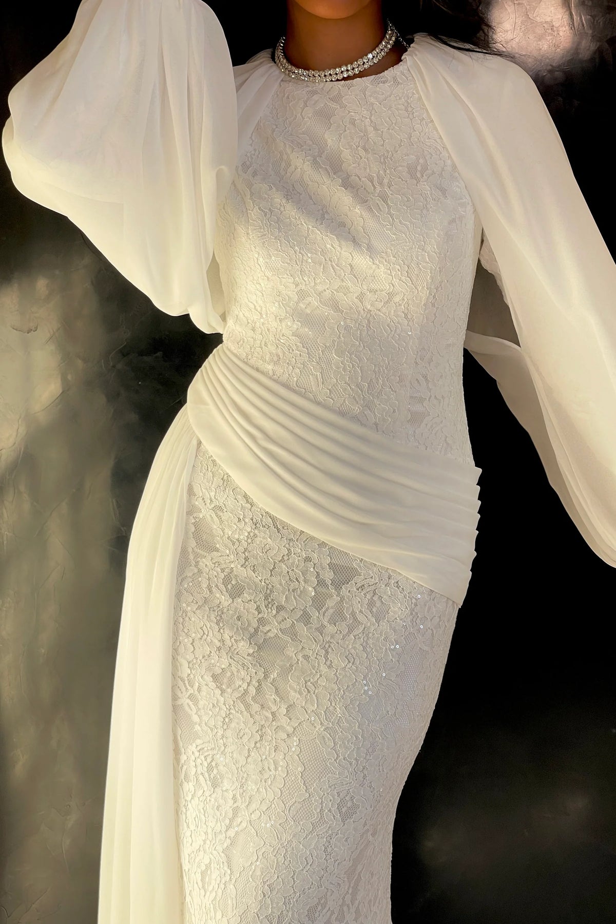 Nadia Lace Sequin Cape Sleeve Maxi Dress