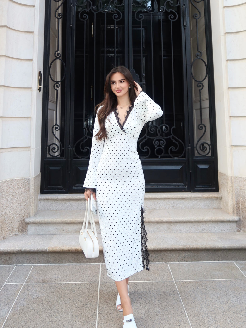 Mia Polka‑Dot Lace Trim Midi Dress