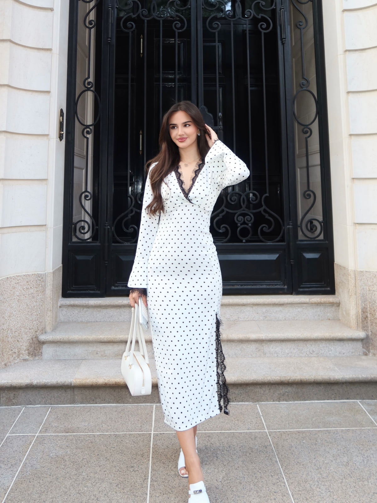Mia Polka‑Dot Lace Trim Midi Dress