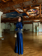 Zahra Embroidered Peplum Satin Two‑Piece Set-Blue