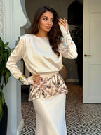 Zahra Embroidered Peplum Satin Two‑Piece Set-Apricot