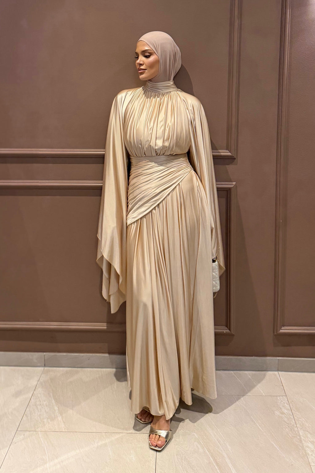 Zara Satin Ruched Wrap Waist Maxi Dress