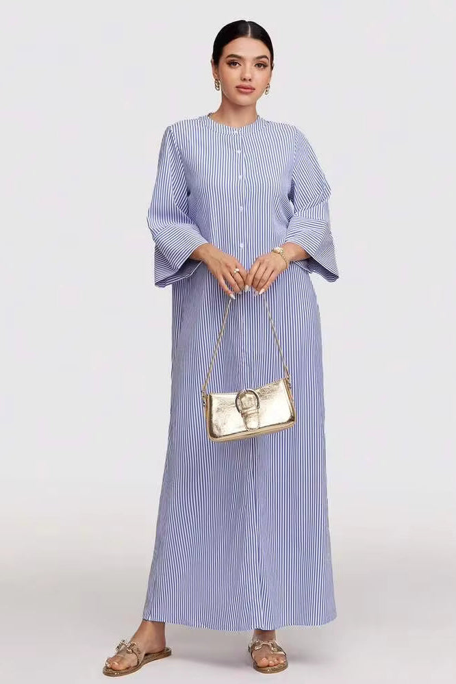 Nadia Striped Button‑Front Abaya Dress
