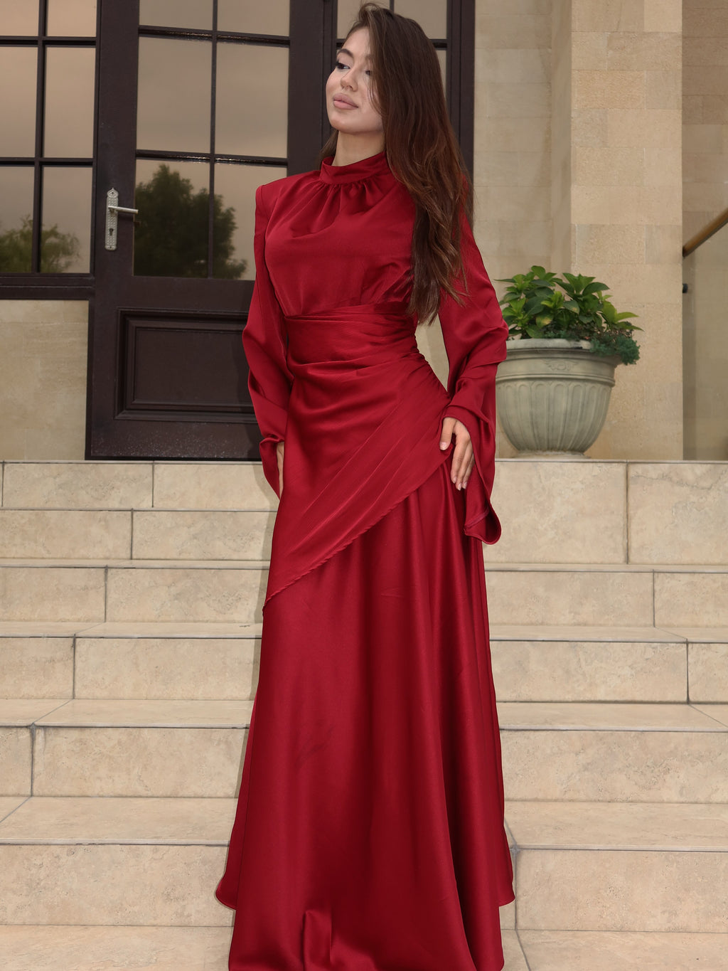 Mariam Draped Waist Flare‑Sleeve Maxi dress