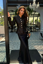 Rania Ornate‑Button Peplum Mermaid Skirt Set