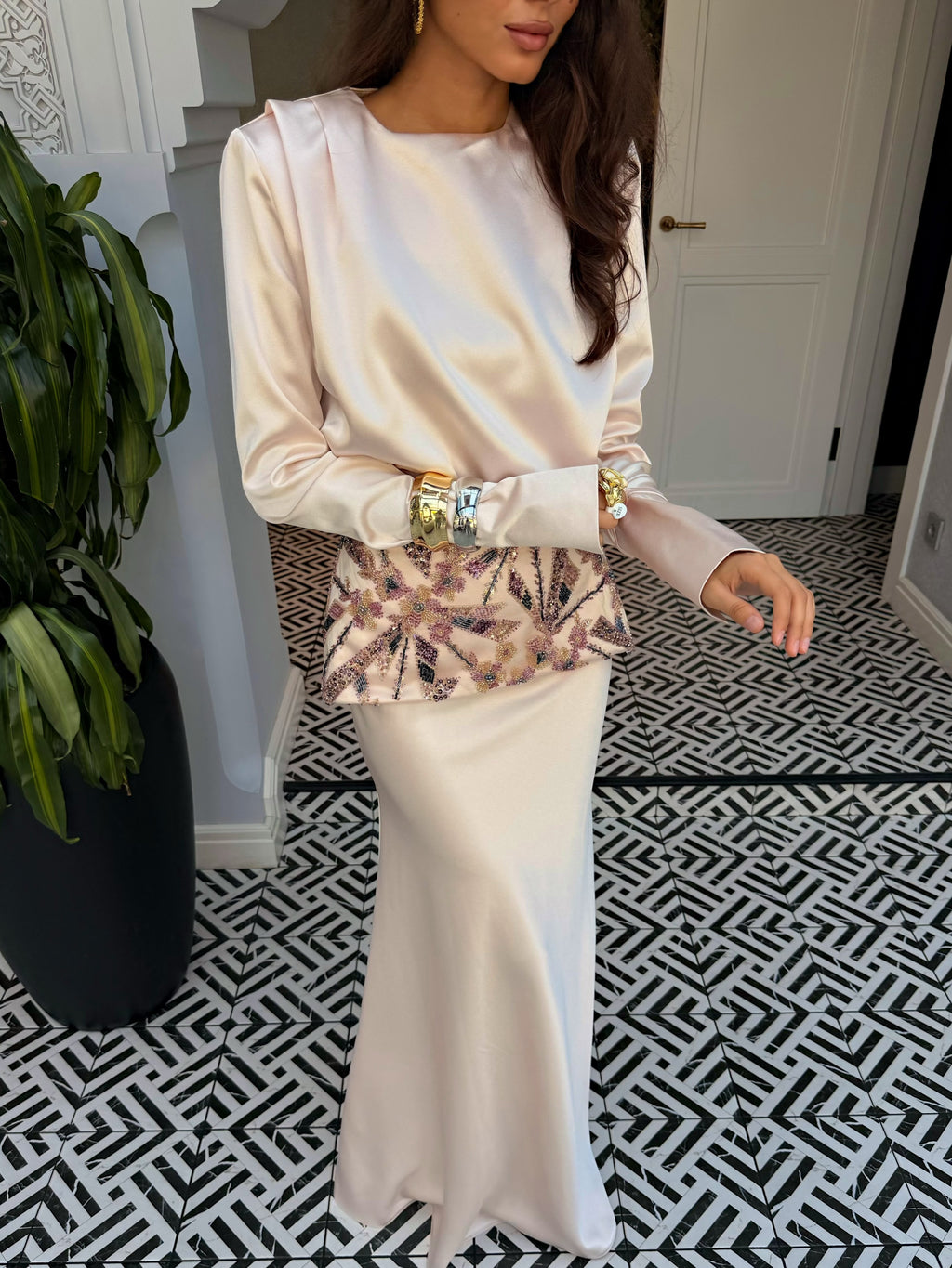 Zahra Embroidered Peplum Satin Two‑Piece Set-Apricot