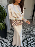 Zahra Embroidered Peplum Satin Two‑Piece Set-Apricot