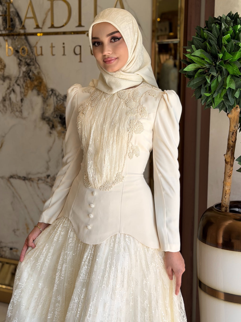 Rina Beaded Neck Puff Sleeve Mermaid Dress-White