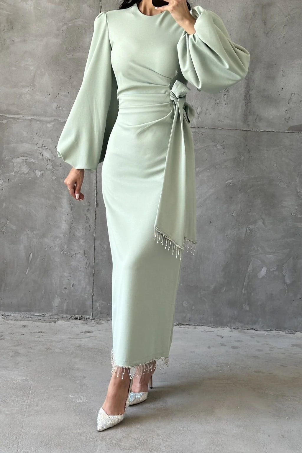 Hana Puff‑Sleeve Tie‑Waist Midi Dress