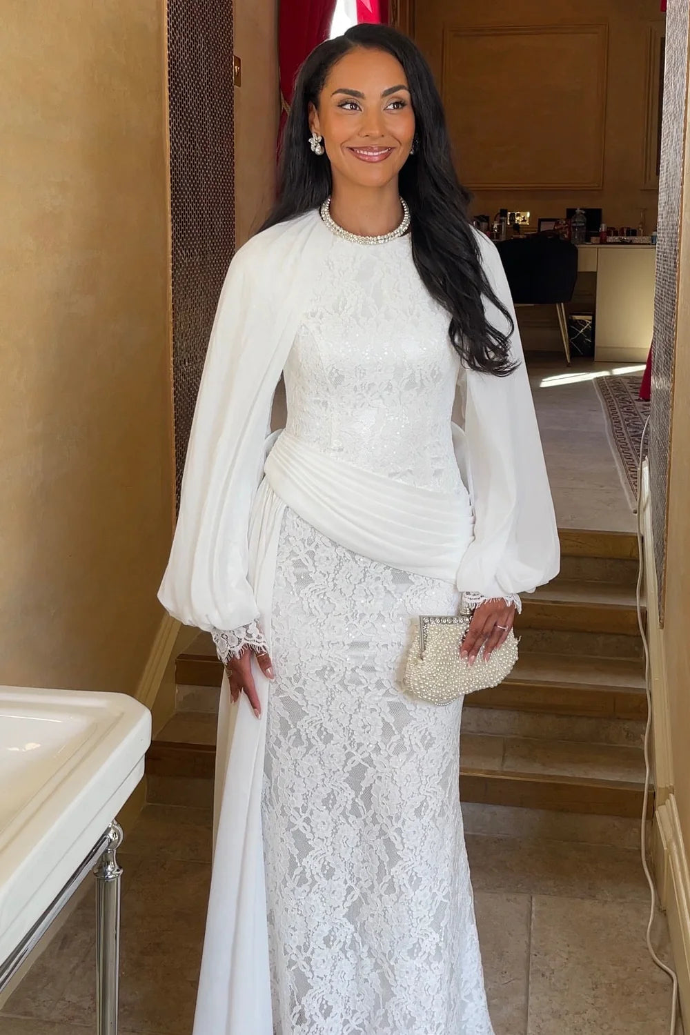 Nadia Lace Sequin Cape Sleeve Maxi Dress