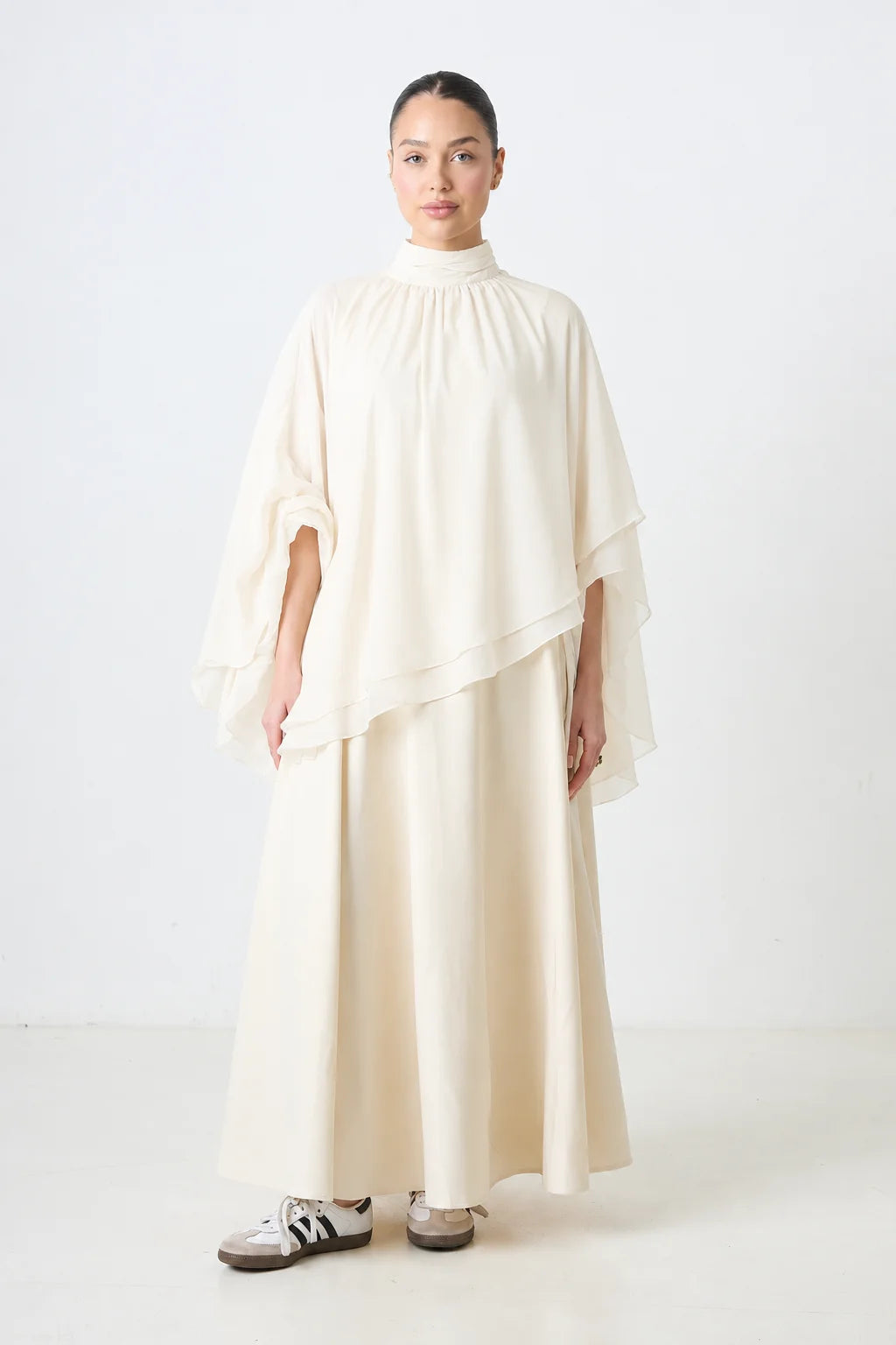 Noura Layered Cape Skirt Set-White