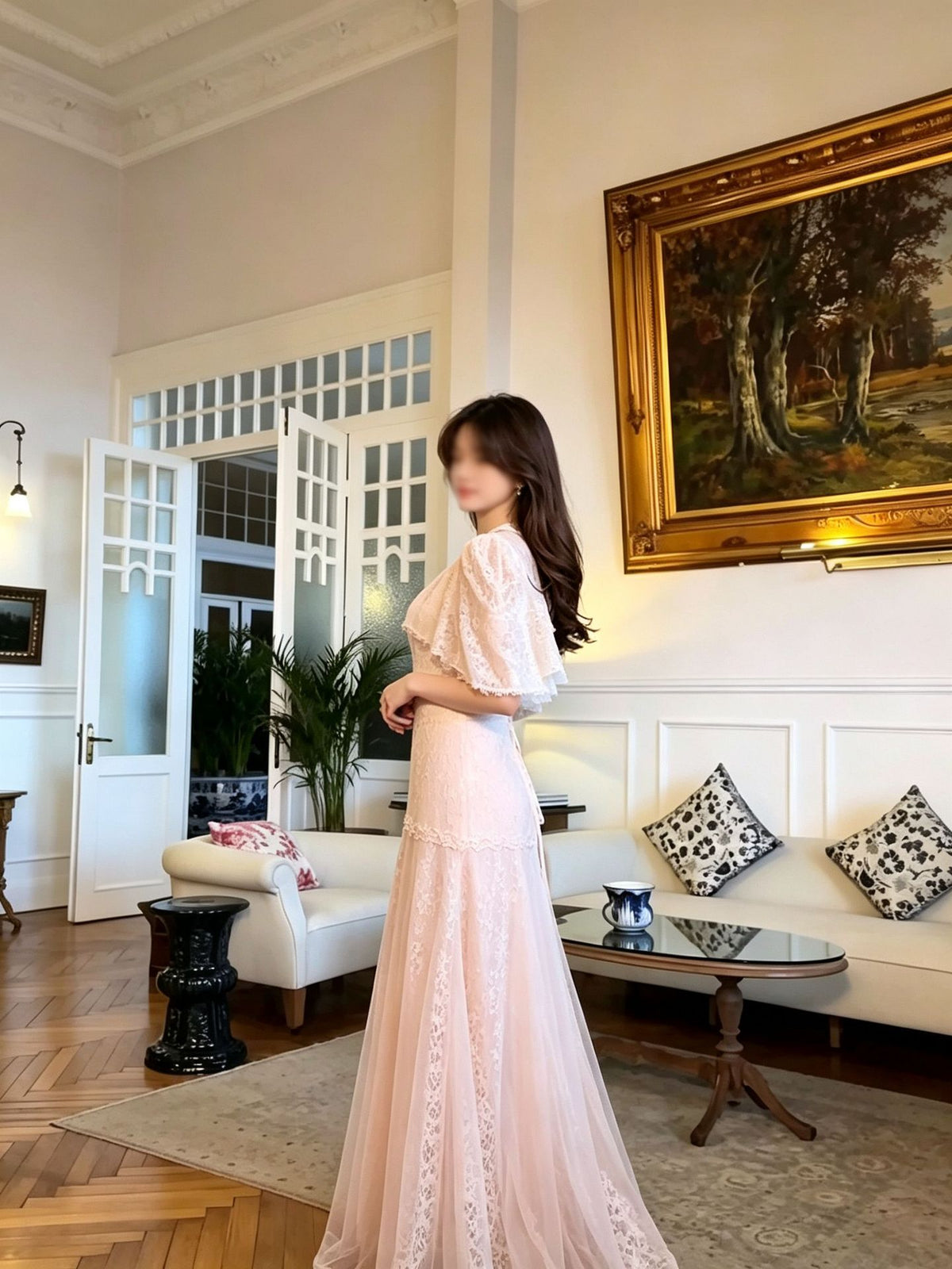 Layla Lace Cape Sleeve Mermaid Maxi Dress-Pink