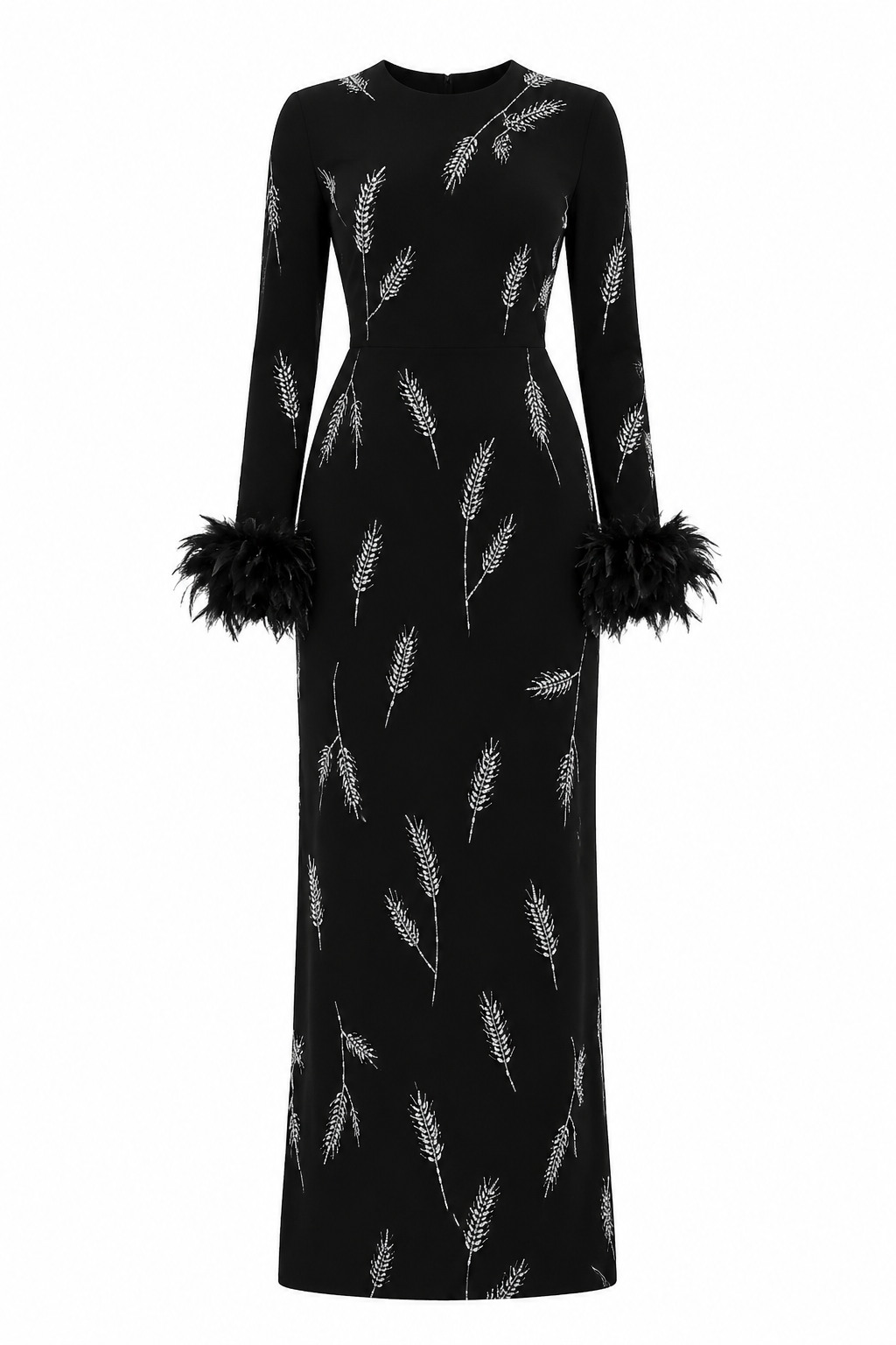 Sara Feather‑Cuff Embellished Maxi Dress