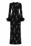 Sara Feather‑Cuff Embellished Maxi Dress
