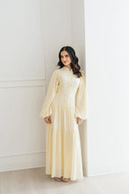 Mona Stand‑Collar Pearl Tiered Maxi Dress