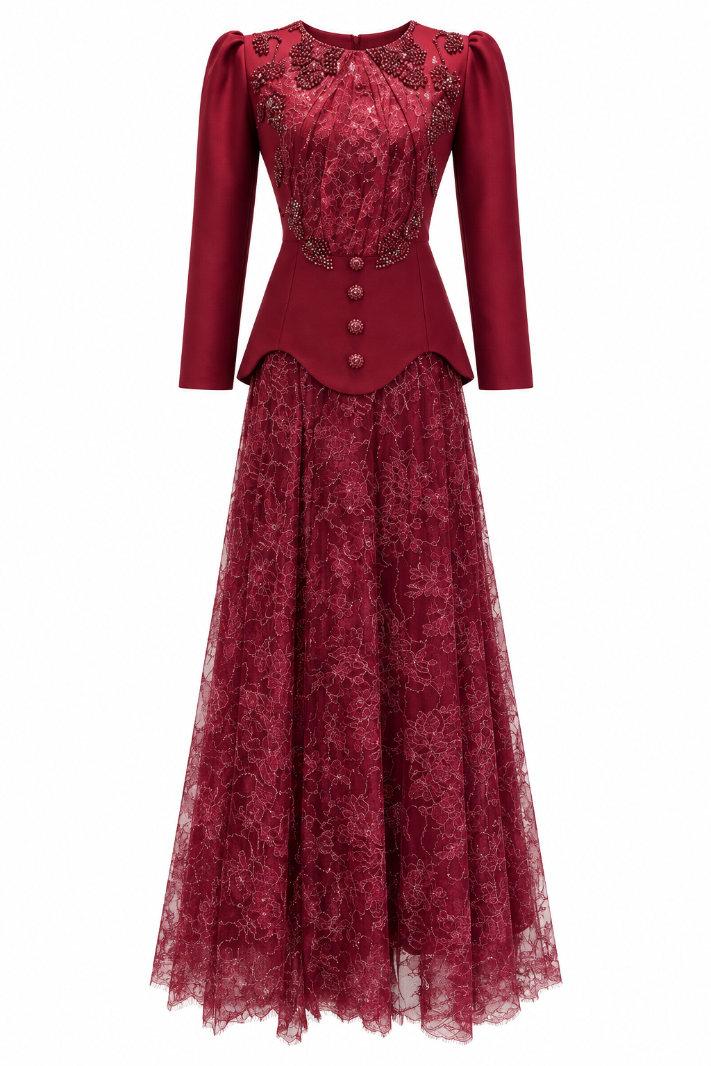 Rina Beaded Neck Puff Sleeve Mermaid Dress-Red