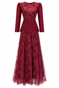 Rina Beaded Neck Puff Sleeve Mermaid Dress-Red