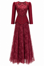 Rina Beaded Neck Puff Sleeve Mermaid Dress-Red